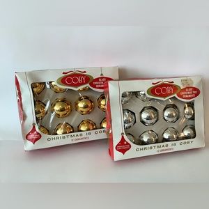 Vintage Coby Glass Round Ornaments Silver and Gold in Original Packaging.